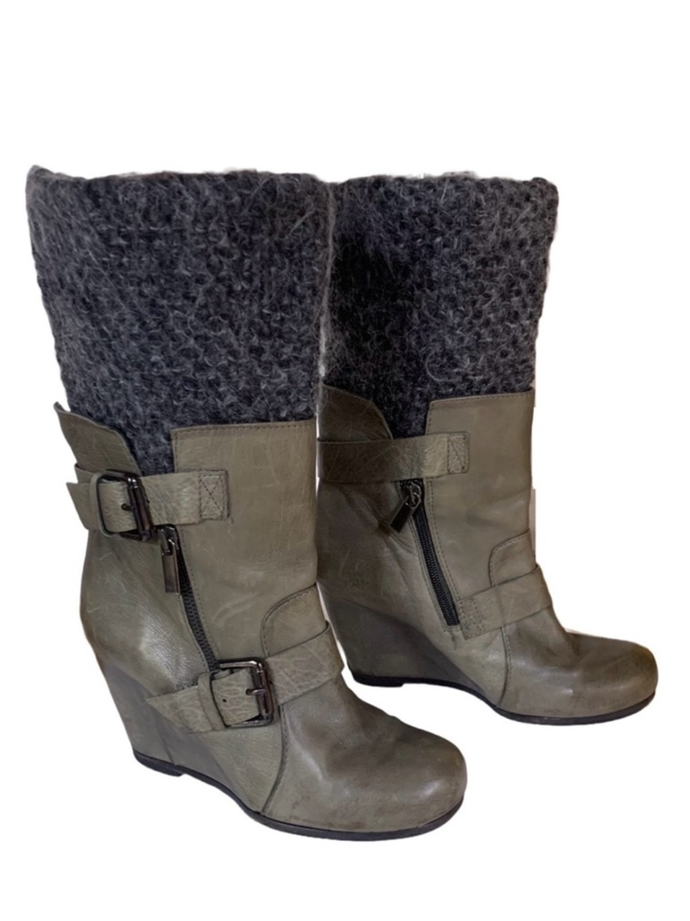 LATITUDE FEMME (ANTHROPOLOGIE) GRAY LEATHER WITH WOOL SOCK WEDGE HEEL BOOTS (36)
